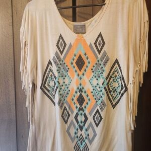 Vocal Women's Cream and Orange Geometric Fringe Tee